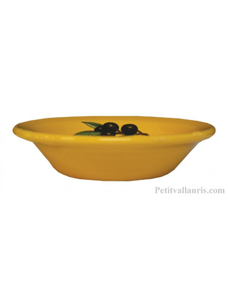 Gratte-Rape aïl rond en faience jaune provençale décor artisanal décor Olives noires