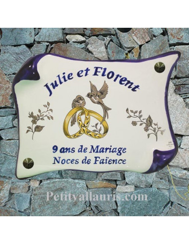 plaque modèle parchemin pour noces de mariage avec inscription personnalisée bleue