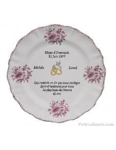 Assiette souvenir 40 ans de mariage Louis XV décor rose Poème Noces d'emeraude