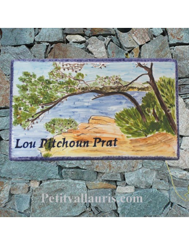 Plaque de Villa rectangle motif paysage litoral varois avec inscription personnalisée
