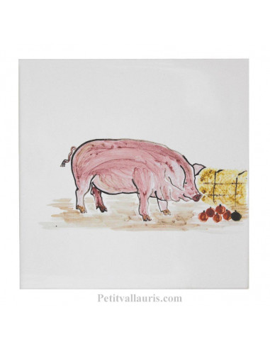 Carreau mural taille 15 x 15 cm avec motif artisanal cochon rose