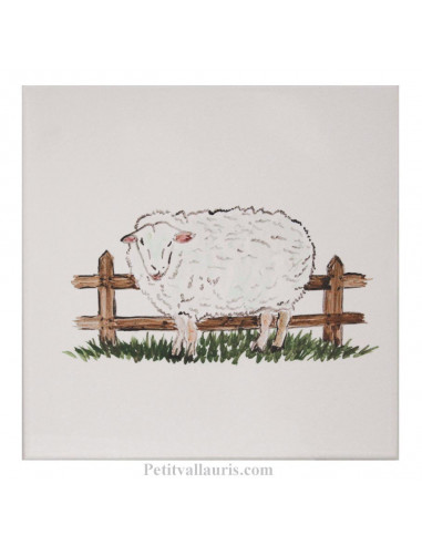 Carreau mural en faience blanche avec motif artisanal Le mouton