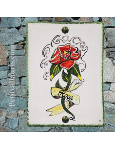 plaque entée de maison en céramique avec motif fleur reproduction de tatouage avec gravure personnalisée