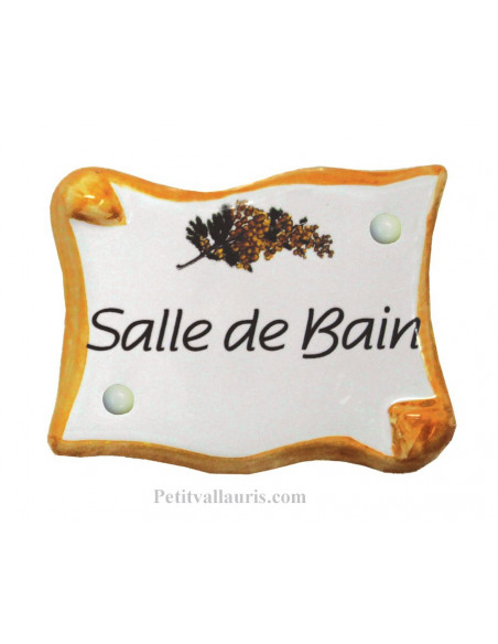 Plaque de porte modèle parchemin inscription Salle de bain motif mimosas