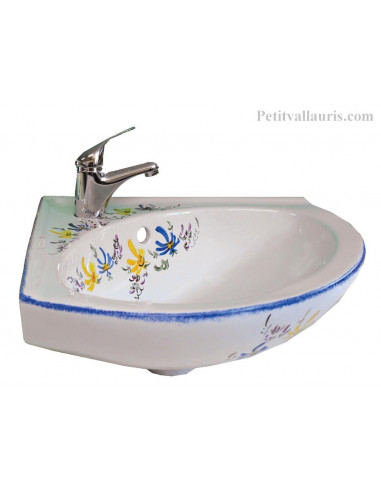 Lave-main en porcelaine blanche modèle d'angle décor artisanal Fleurs  bleues et jaunes orangées