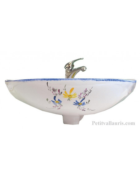 Lave-main porcelaine modèle d'angle décor artisanal Fleurs bleues et jaunes orangées