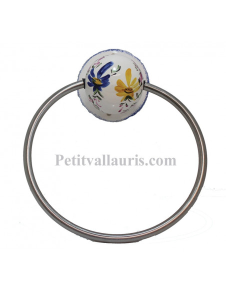 Support-porte serviette mural décor Fleuri bleu et jaune-orangé