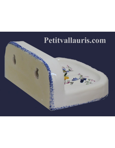 Porte savon en céramique blanche modèle mural décor artisanal Fleurs bleues et jaunes orangées