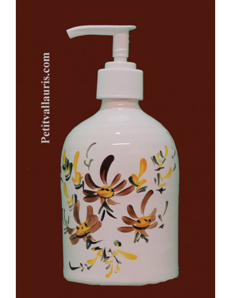 Distributeur de savon liquide en faience décor Fleurs artisanale marrons