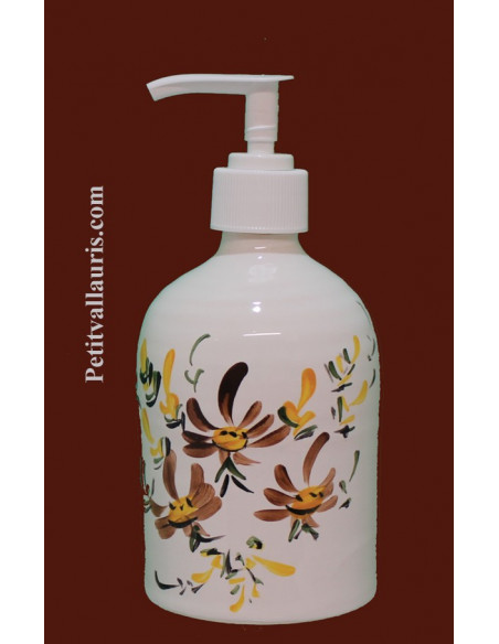 Distributeur de savon liquide en faience décor Fleurs artisanale marrons