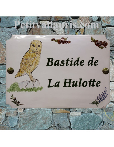 Plaque pour entrée de maison en céramique personnalisée motif Chouette Hulotte