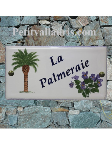 Plaque personnalisée pour maison en céramique motif palmier + bouquet de violette