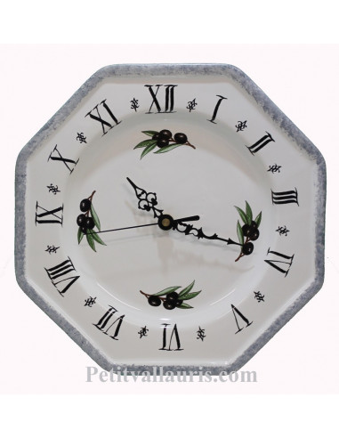Horloge murale en faience modèle octogonale blanche bord gris provence et motif Olives noires