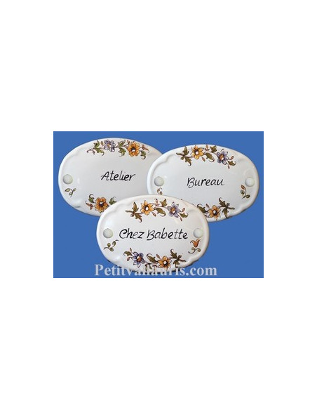 Plaque de porte ovale vieux moustiers fleurs polychrome