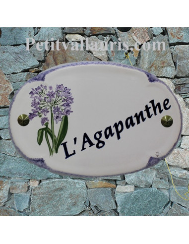 Plaque pour nom de maison ovale en céramique décor les Agapanthes + inscription personnalisée