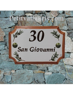 Plaque de villa en faience motif brins d'olives + inscription personnalisée + bord ocre