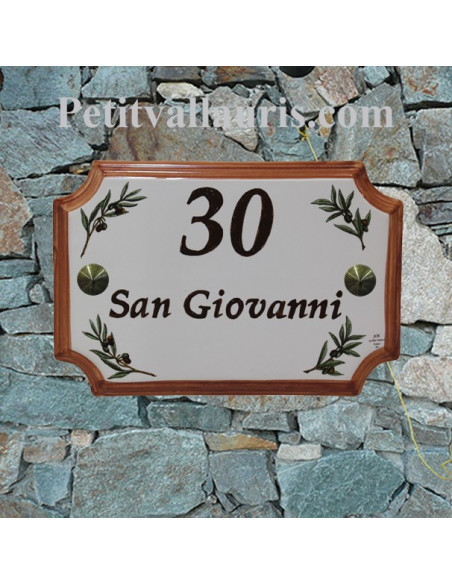 Plaque de villa en faience motif brins d'olives + inscription personnalisée + bord ocre