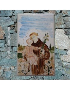 Grande plaque en céramique émaillée forme rectangle décor motif artisanal Saint Antoine de padoue