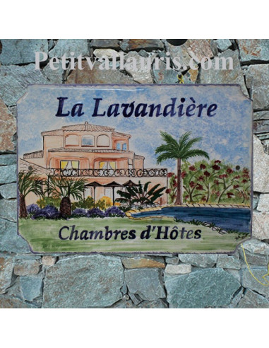 Grande Plaque de villa en faience décor d'après photo grande maison de client dans le languedoc + inscription personnalisée