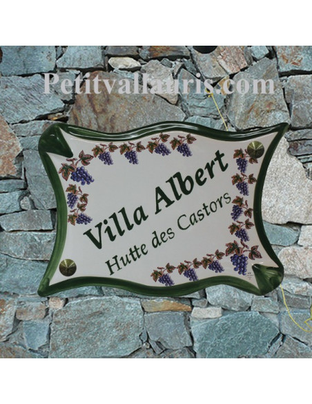 Plaque de villaen céramique modèle parchemin motif grappe de raisin et vigne + personnalisation verte