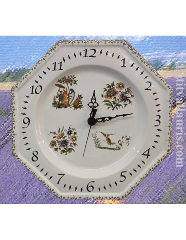 Horloge murale en faïence modèle octogonale reproduction Vieux Moustiers polychrome