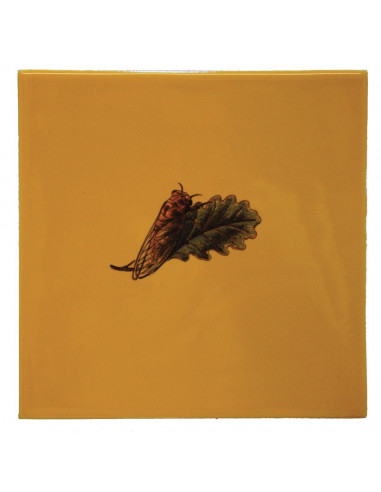 Carrelage avec décor de cigale en pose vers la droite sur carreau 15 x 15 cm couleur jaune-miel provençale