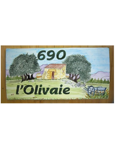 Grande plaque de maison rectangle en faience 40 x 20 cm décor artisanal Cabanon + Oliviers + Charette avec personnalisation
