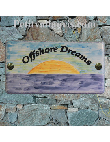 Grande plaque de maison rectangle en faience 40 x 20 cm décor artisanal Coucher de soleil sur la mer avec personnalisation