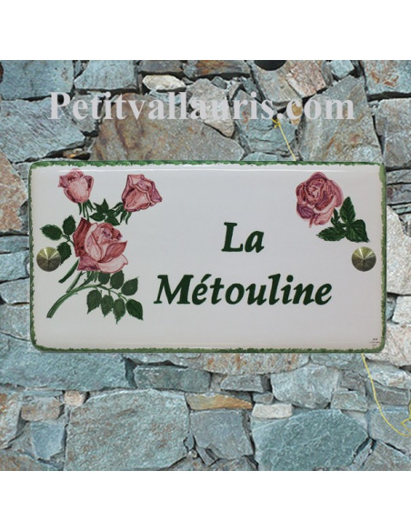 Plaque en céramique pour entrée de Maison modèle rectangle décor les rosiers avec gravure personnalisée