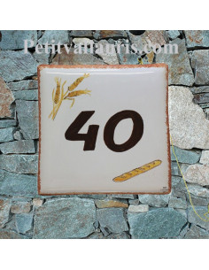 Plaque numéro de Maison en faience motif baguette de pin et épis de blé inscription personnalisée