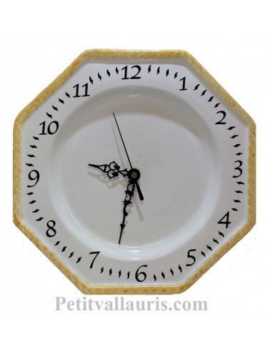 Horloge murale en faience modèle octogonale émaillée unie blanche + bord jaune paille