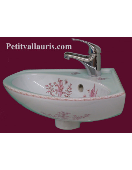 Lave-main d'angle en porcelaine décor motifs tradition oiseaux vieux rose