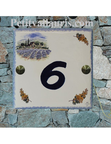 Plaque numéro de maison en faience émaillée motif paysage provençal et brins de mimosas + chiffre personnalisable bleu
