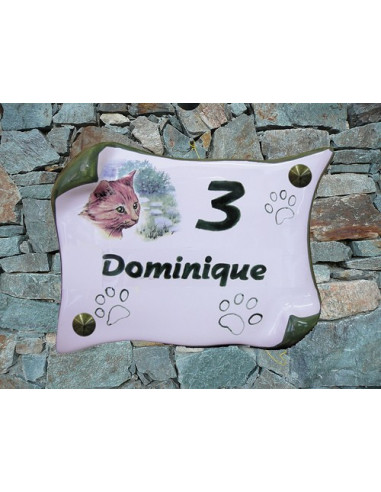  Agrandir l'image Plaque de maison en faience modèle parchemin motif chat (n° 6) + inscription personnalisée + contour vert