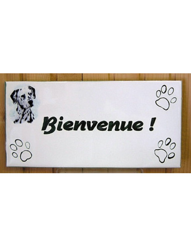 Plaque rectangulaire de maison en céramique émaillée motif chien Dalmatien + inscription personnalisée