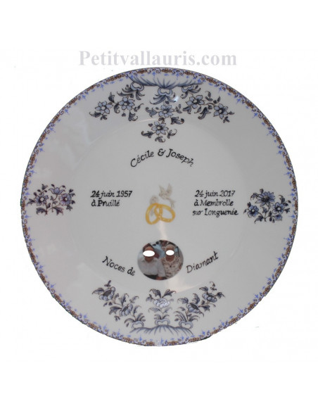 Assiette de Mariage porcelaine avec photo décor tradition vieux moustiers bleu 