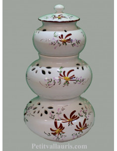 Conservateur pour Ail, Oignon et Echalotte 3 pots empilés décor fleurs rosuges foncées
