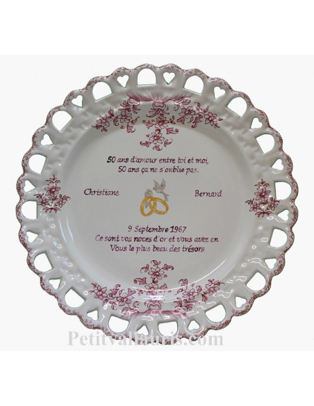 Assiette de Mariage modèle Tournesol rose gravure personnalisée noces d'or,inscription rose