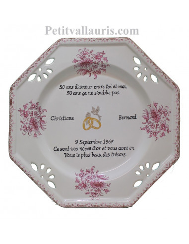Grande assiette de Mariage modèle octogonale personnalisée décor fleurs tradition rose + Poème noces d'or