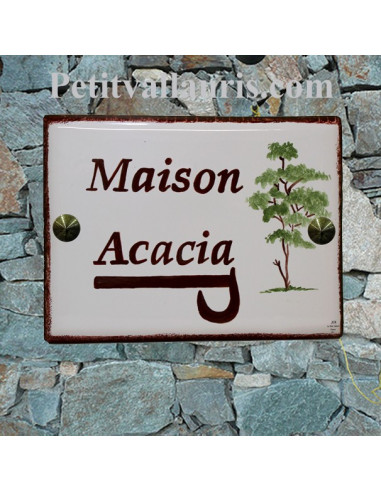 Plaque de maison en faïence émaillée motif artisanal les Acacias + inscription personnalisée 