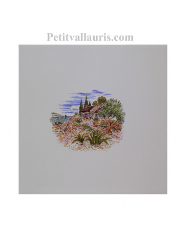 Carreau de faience au décor motif paysage de provence le cabanon taille carreau 20 x 20 cm