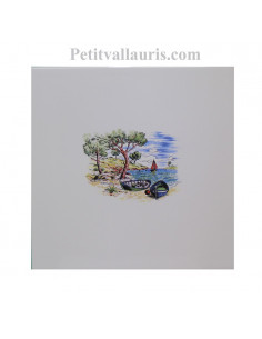 Carreau de faience au décor motif paysage calanque de provence le cabanon taille carreau 20 x 20 cm