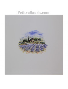 Carreau de faience au décor motif paysage champs de lavande de provence taille carreau 20 x 20 cm