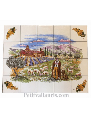 Fresque murale en faïence Provençale décor Berger + monastère + champs de lavande avec brins de mimosas