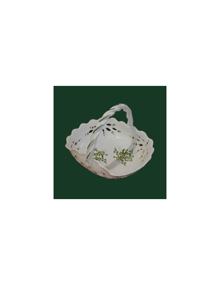 Panier à fruits ajouré en faience blanche décor artisanal motifs fleurs vertes Diamètre 26 cm