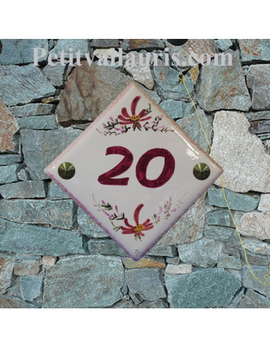 Plaque numéro de maison en faience émaillée motif artisanal fleurs roses + chiffre personnalisé