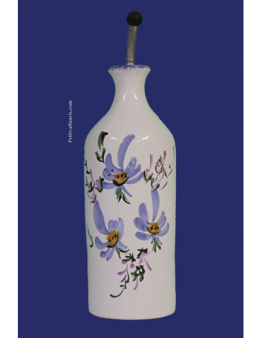 Huilier bouteille en faïence décor artisanal Fleuri bleu