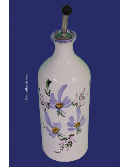 Huilier bouteille en faïence décor artisanal Fleuri bleu