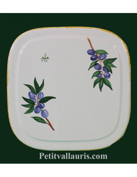 Dessous de plat en faience de forme carrée au décor artisanal Olives bleues