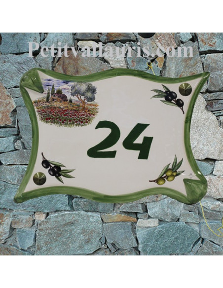Plaque de maison en céramique modèle parchemin motif cabanon + coquelicots + olivier personnalisée vert